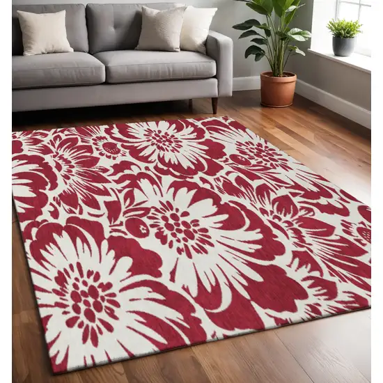 Burgundy And Ivory Floral Washable Area Rug With UV Protection Photo 2