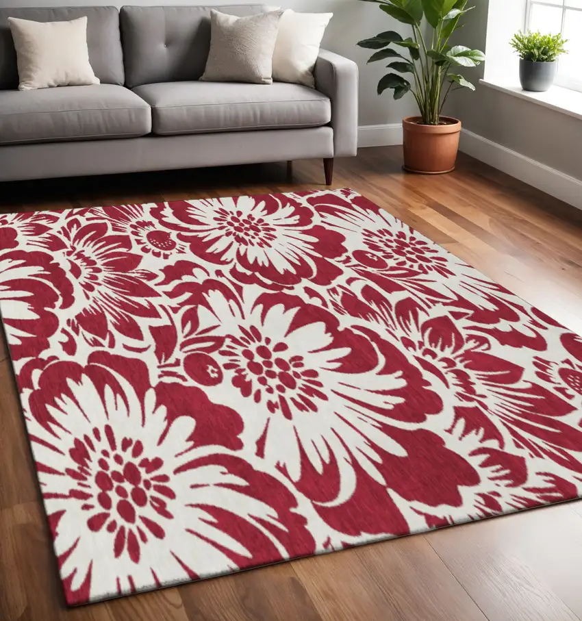 Burgundy And Ivory Floral Washable Area Rug With UV Protection Photo 2