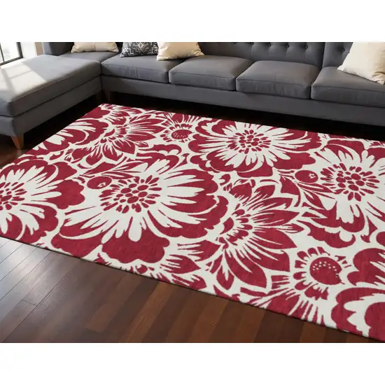 Burgundy And Ivory Floral Washable Area Rug With UV Protection Photo 2