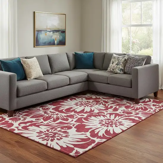 Burgundy And Ivory Floral Washable Area Rug With UV Protection Photo 1