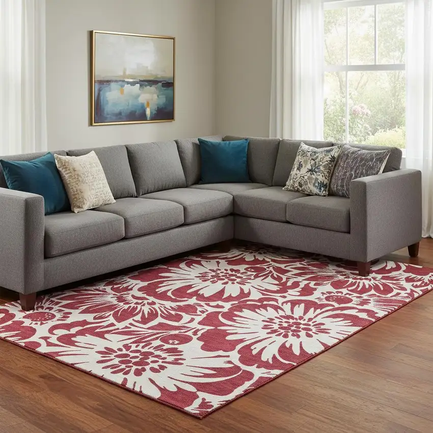 Burgundy And Ivory Floral Washable Area Rug With UV Protection Photo 1