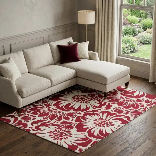 Burgundy And Ivory Floral Washable Area Rug With UV Protection Photo 1