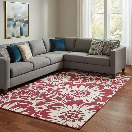 Burgundy And Ivory Floral Washable Area Rug With UV Protection Photo 1