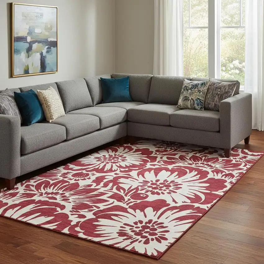 Burgundy And Ivory Floral Washable Area Rug With UV Protection Photo 1