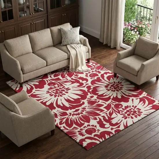 Burgundy And Ivory Floral Washable Area Rug With UV Protection Photo 1