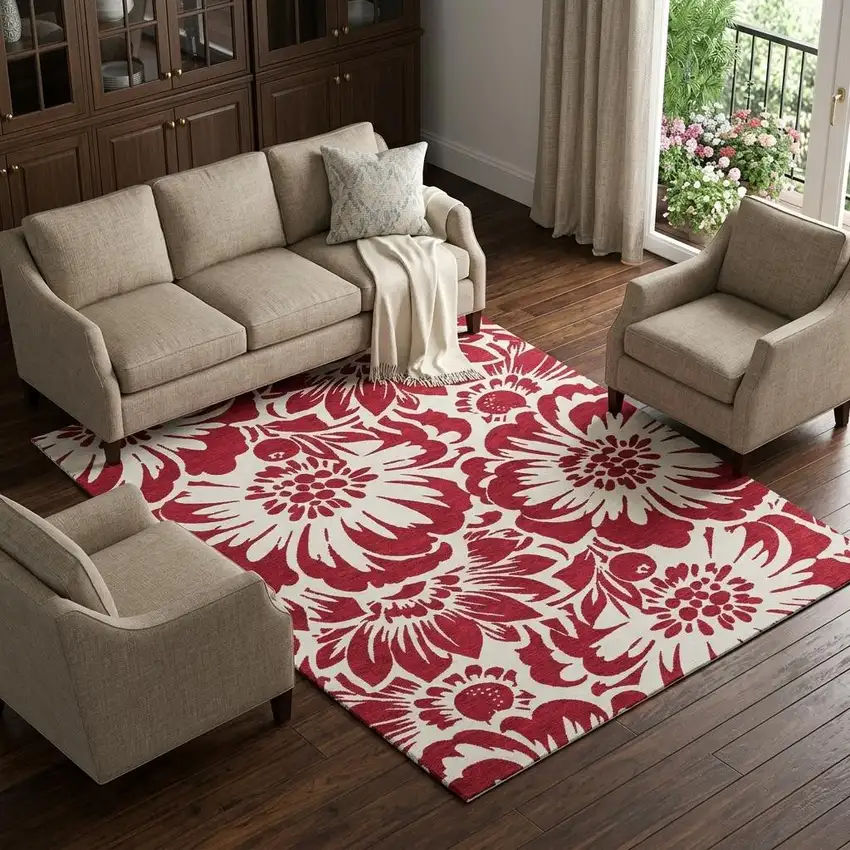Burgundy And Ivory Floral Washable Area Rug With UV Protection Photo 1
