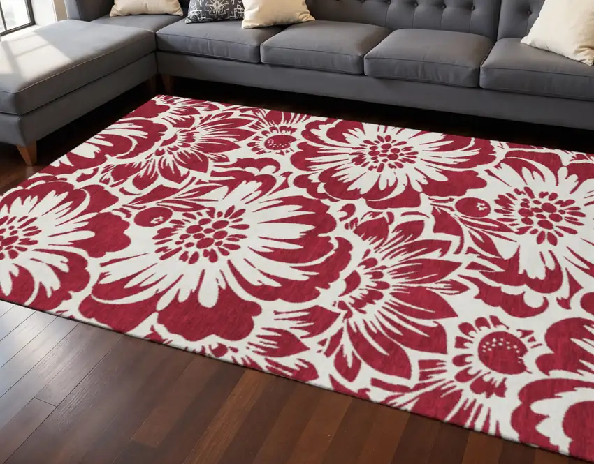 Burgundy And Ivory Floral Washable Area Rug With UV Protection Photo 2