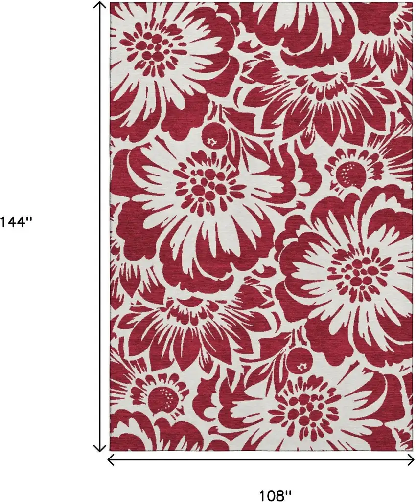 Burgundy And Ivory Floral Washable Area Rug With UV Protection Photo 3