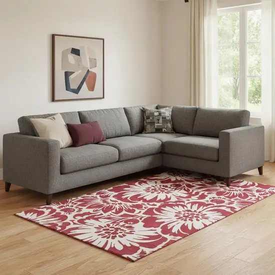 Burgundy And Ivory Floral Washable Area Rug With UV Protection Photo 1