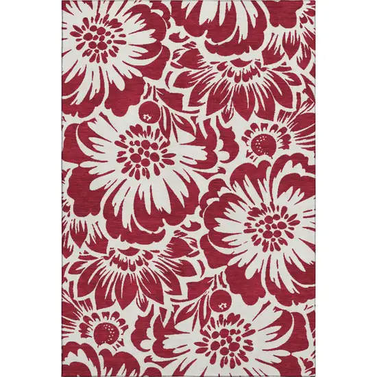 Burgundy And Ivory Floral Washable Area Rug With UV Protection Photo 1