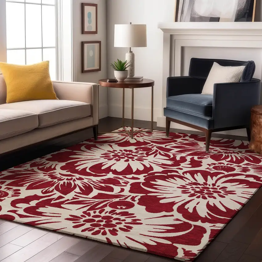 Burgundy And Ivory Floral Washable Area Rug With UV Protection Photo 5