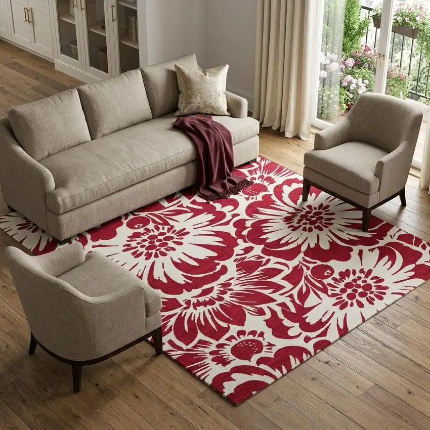 Burgundy And Ivory Floral Washable Area Rug With UV Protection Photo 1
