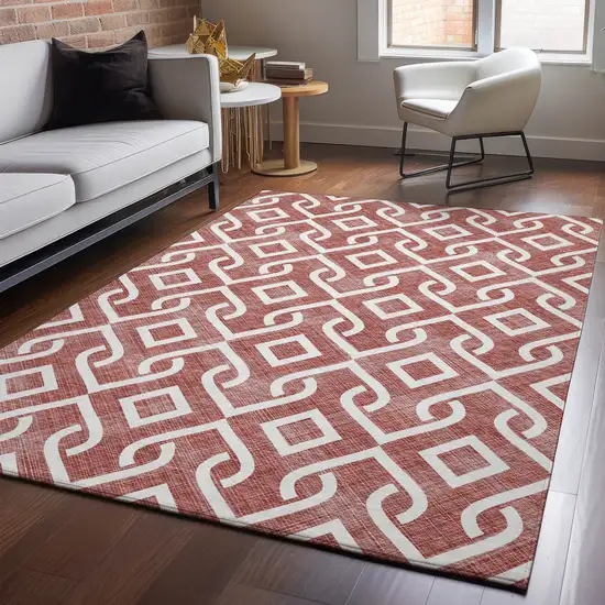 Burgundy And Ivory Geometric Washable Area Rug With UV Protection Photo 3