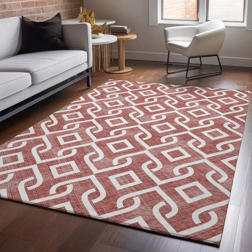 Burgundy And Ivory Geometric Washable Area Rug With UV Protection Photo 3