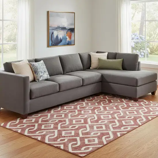 Burgundy And Ivory Geometric Washable Area Rug With UV Protection Photo 1