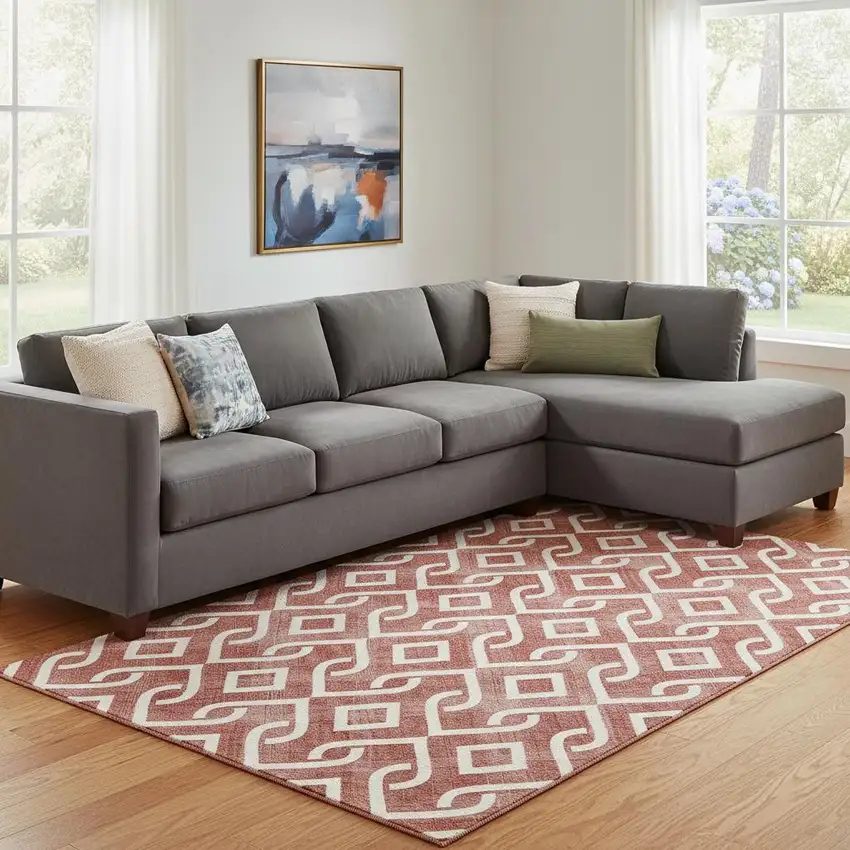 Burgundy And Ivory Geometric Washable Area Rug With UV Protection Photo 1