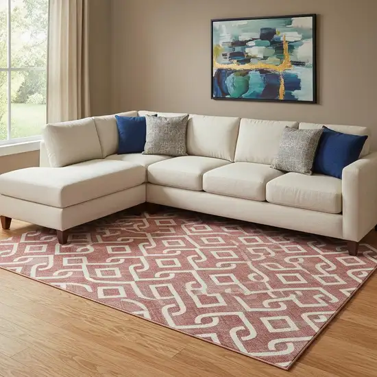 Burgundy And Ivory Geometric Washable Area Rug With UV Protection Photo 1