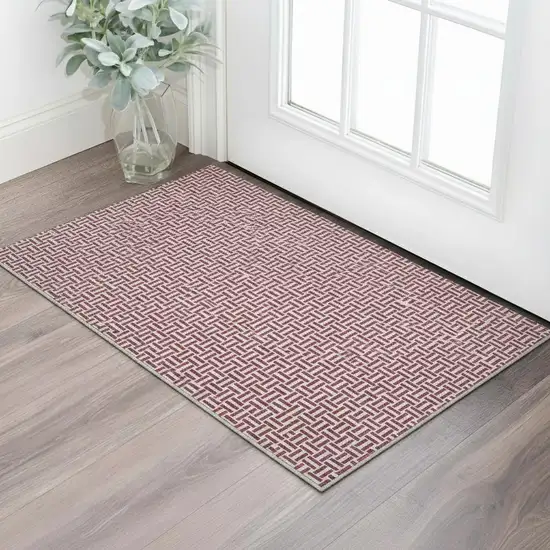 Burgundy And Ivory Geometric Washable Area Rug With UV Protection Photo 2