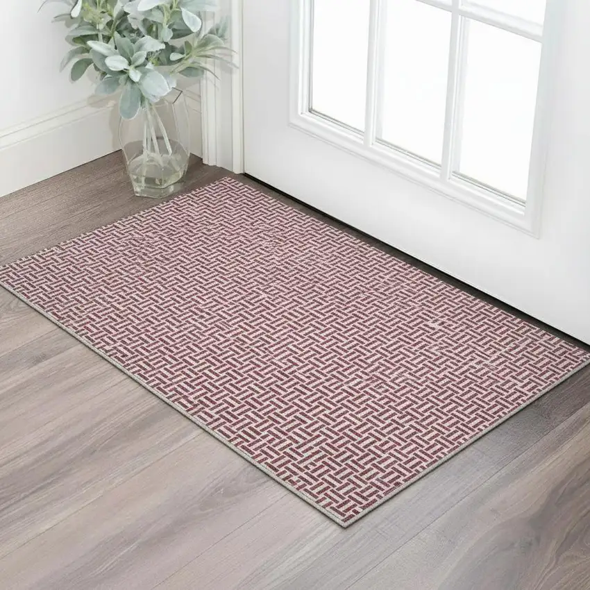 Burgundy And Ivory Geometric Washable Area Rug With UV Protection Photo 2