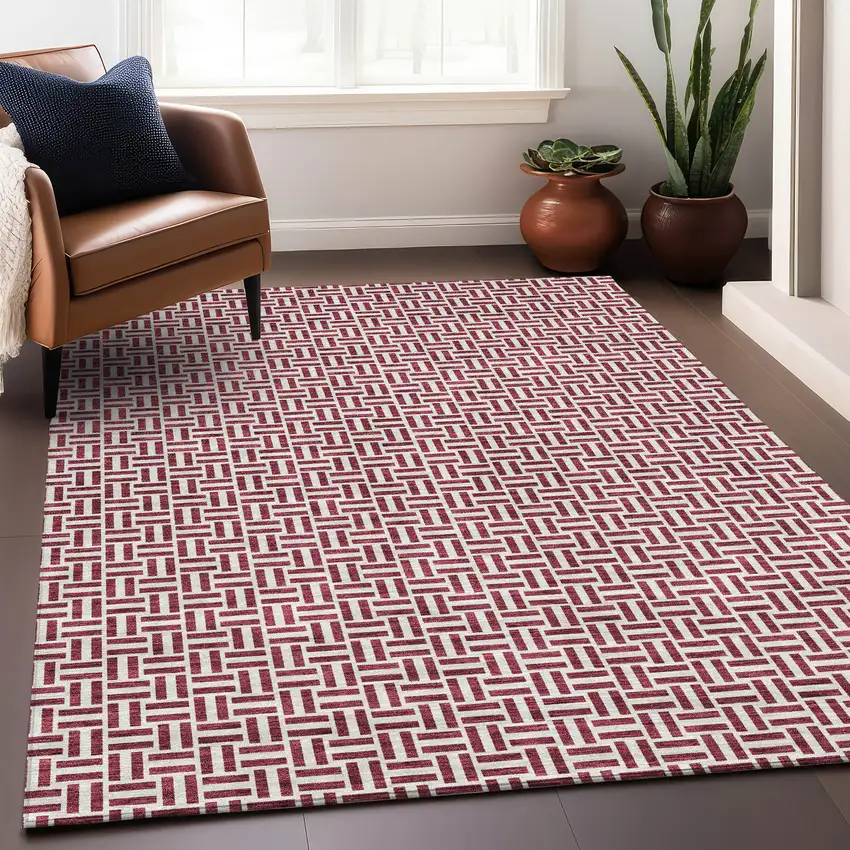 Burgundy And Ivory Geometric Washable Area Rug With UV Protection Photo 5