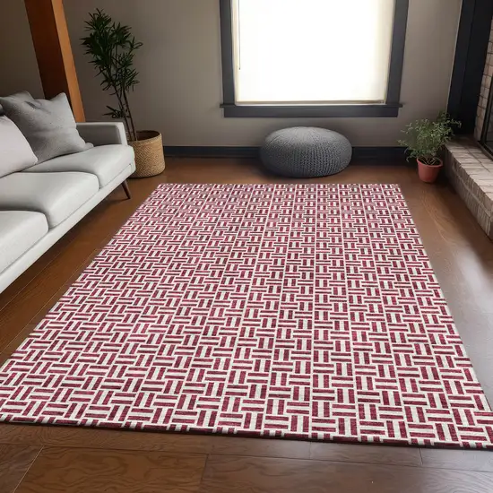 Burgundy And Ivory Geometric Washable Area Rug With UV Protection Photo 6