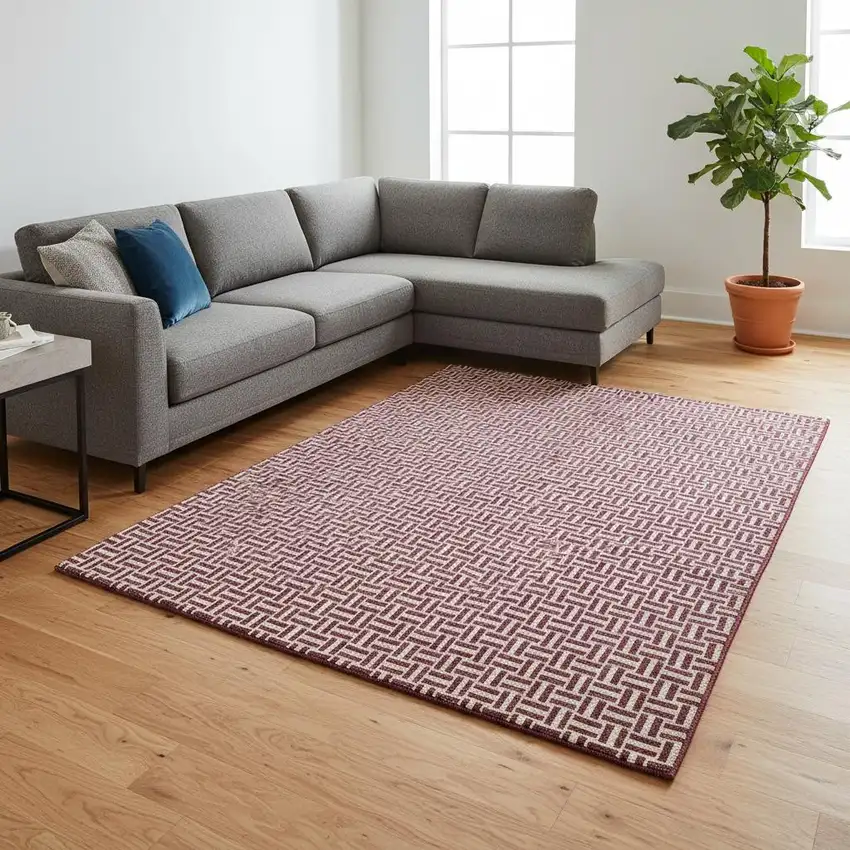 Burgundy And Ivory Geometric Washable Area Rug With UV Protection Photo 2