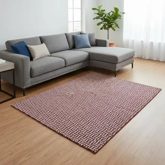 Burgundy And Ivory Geometric Washable Area Rug With UV Protection Photo 2
