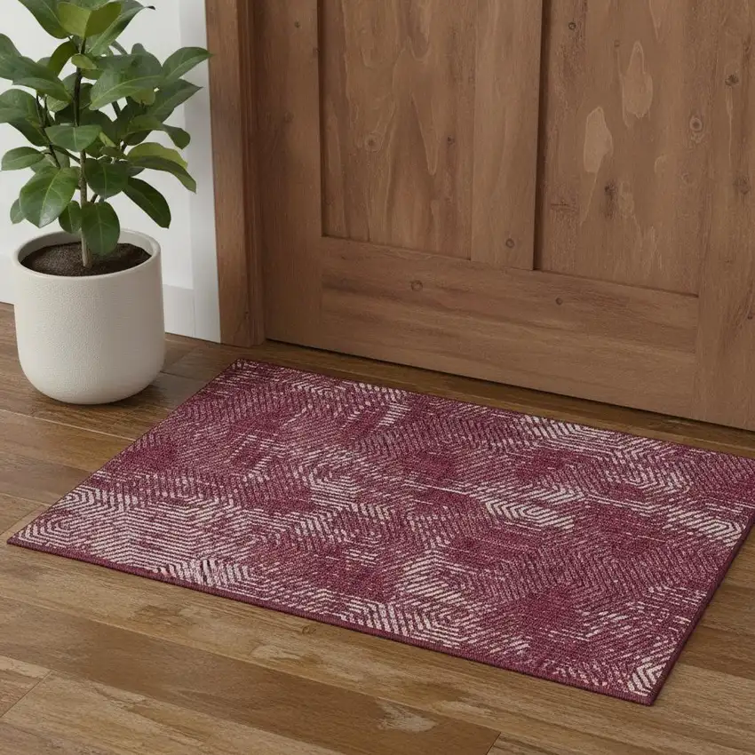 Burgundy And Ivory Geometric Washable Area Rug With UV Protection Photo 1