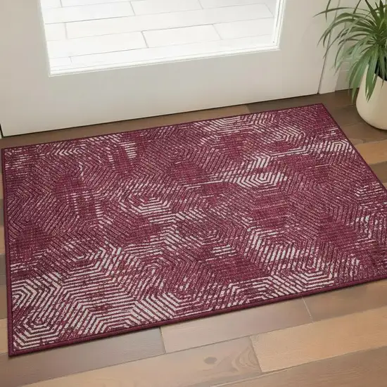 Burgundy And Ivory Geometric Washable Area Rug With UV Protection Photo 2