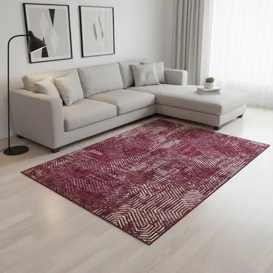 Burgundy And Ivory Geometric Washable Area Rug With UV Protection Photo 2