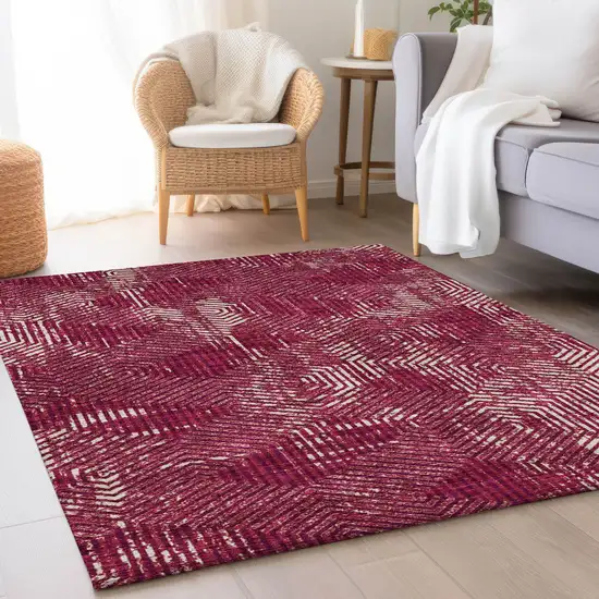 Burgundy And Ivory Geometric Washable Area Rug With UV Protection Photo 5
