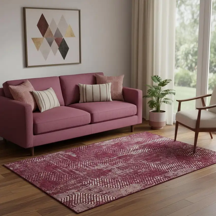 Burgundy And Ivory Geometric Washable Area Rug With UV Protection Photo 1