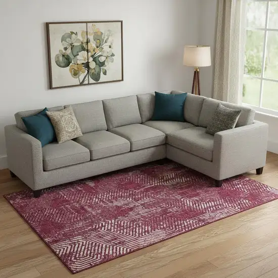 Burgundy And Ivory Geometric Washable Area Rug With UV Protection Photo 1