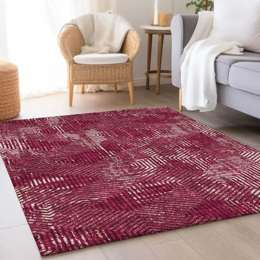 Burgundy And Ivory Geometric Washable Area Rug With UV Protection Photo 5