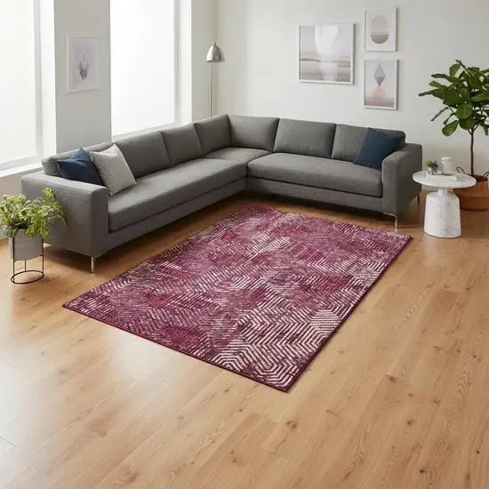 Burgundy And Ivory Geometric Washable Area Rug With UV Protection Photo 2