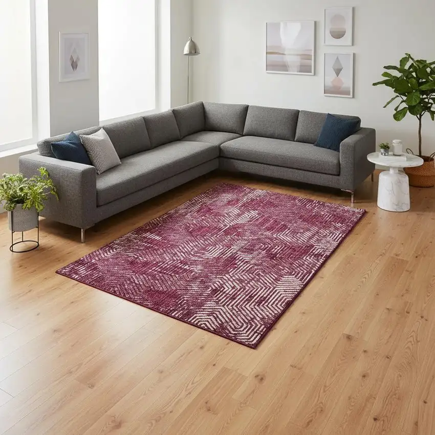 Burgundy And Ivory Geometric Washable Area Rug With UV Protection Photo 2