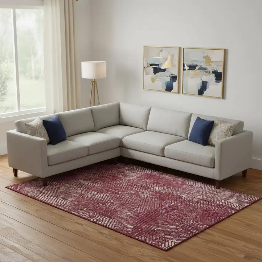 Burgundy And Ivory Geometric Washable Area Rug With UV Protection Photo 1