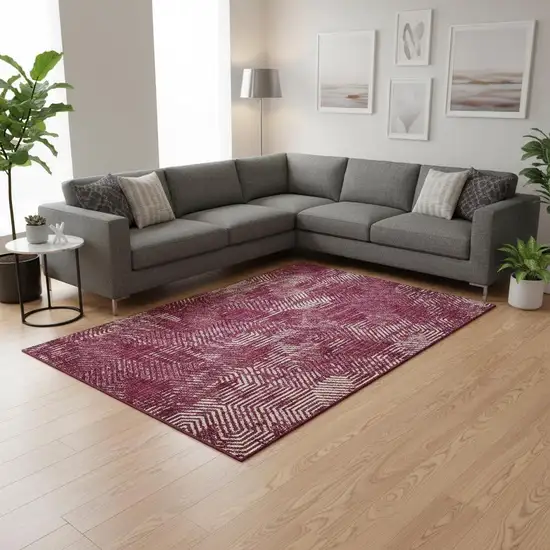 Burgundy And Ivory Geometric Washable Area Rug With UV Protection Photo 2