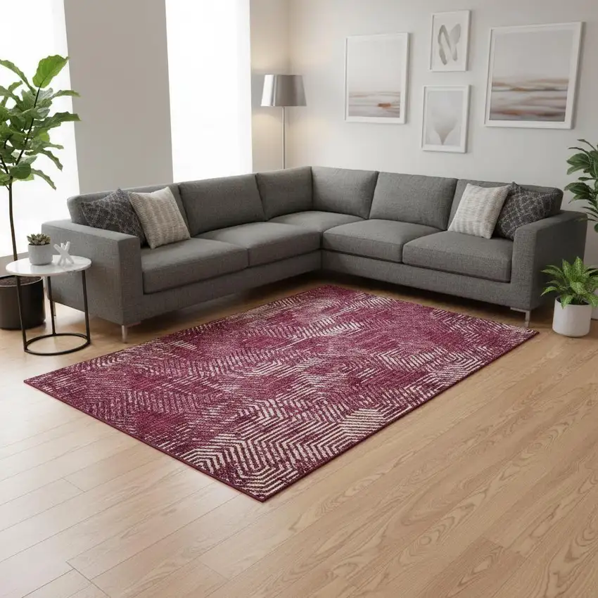 Burgundy And Ivory Geometric Washable Area Rug With UV Protection Photo 2