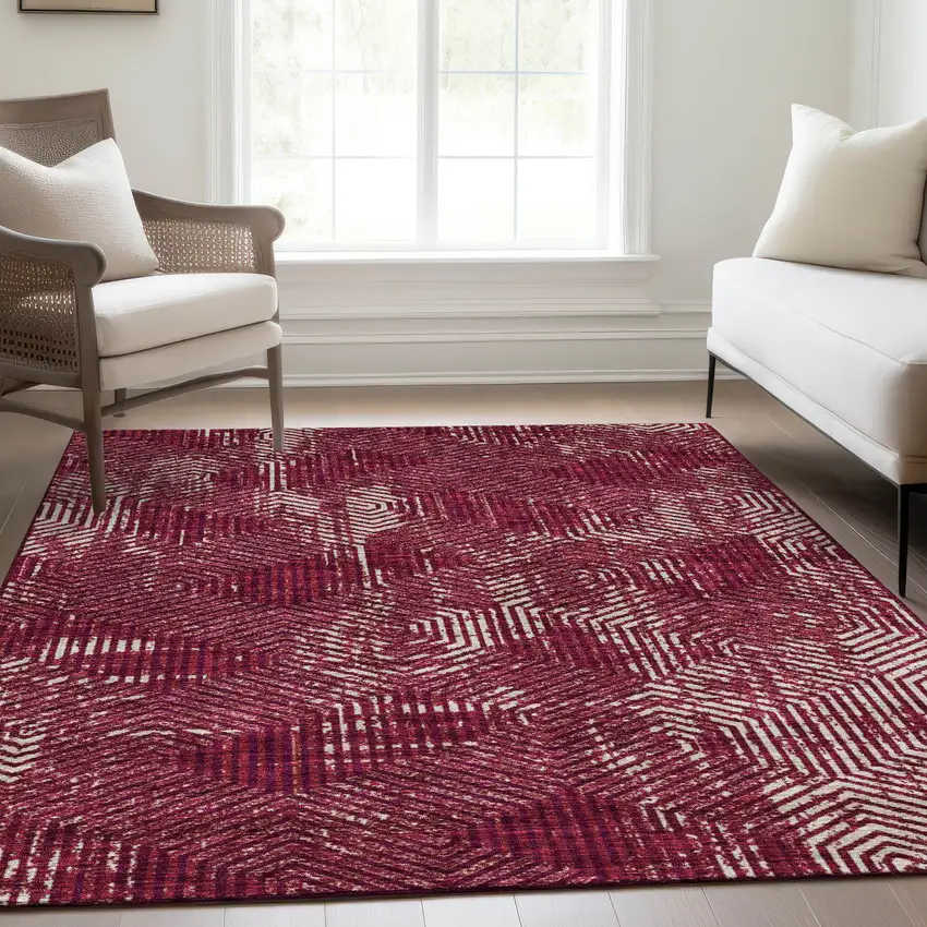 Burgundy And Ivory Geometric Washable Area Rug With UV Protection Photo 6