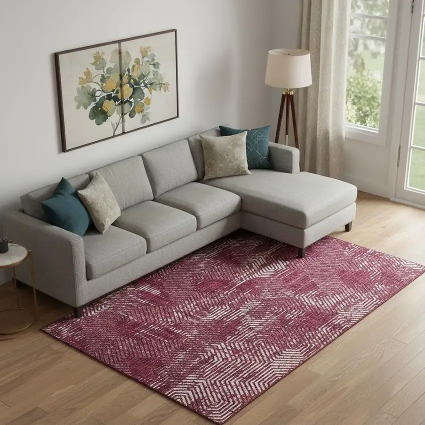 Burgundy And Ivory Geometric Washable Area Rug With UV Protection Photo 1