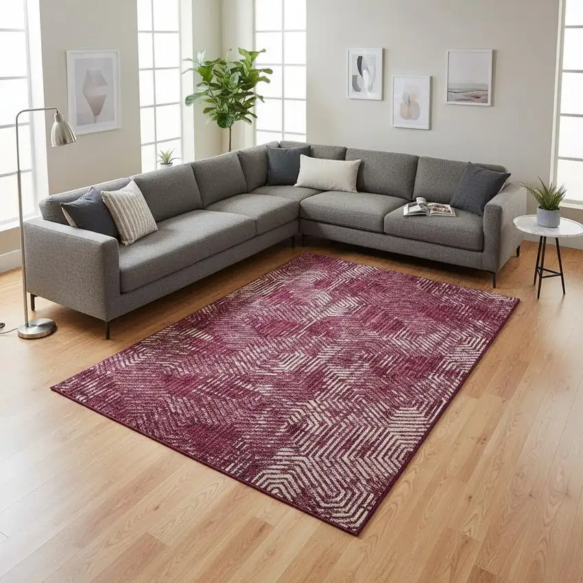 Burgundy And Ivory Geometric Washable Area Rug With UV Protection Photo 2