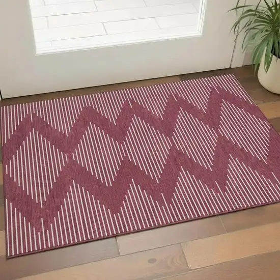 Burgundy And Ivory Geometric Washable Area Rug With UV Protection Photo 2