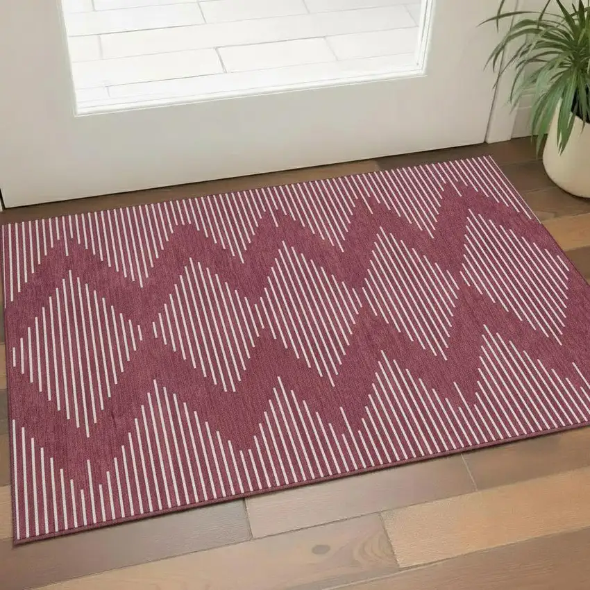 Burgundy And Ivory Geometric Washable Area Rug With UV Protection Photo 2