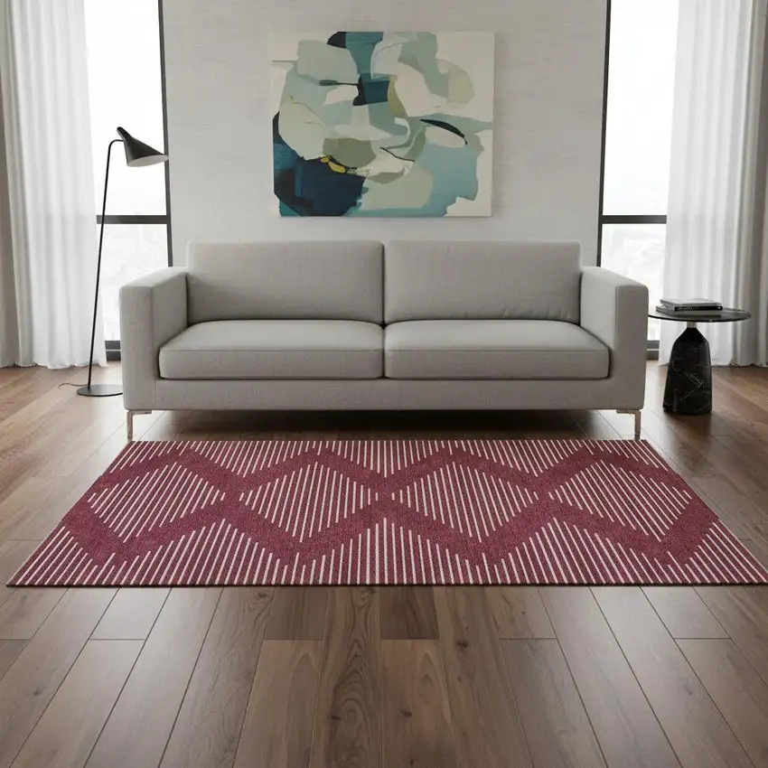 Burgundy And Ivory Geometric Washable Area Rug With UV Protection Photo 2