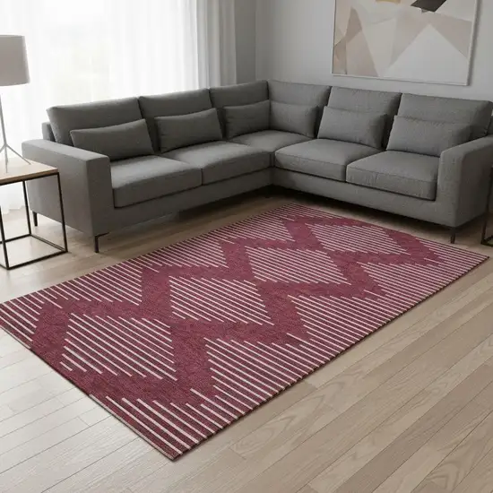 Burgundy And Ivory Geometric Washable Area Rug With UV Protection Photo 2