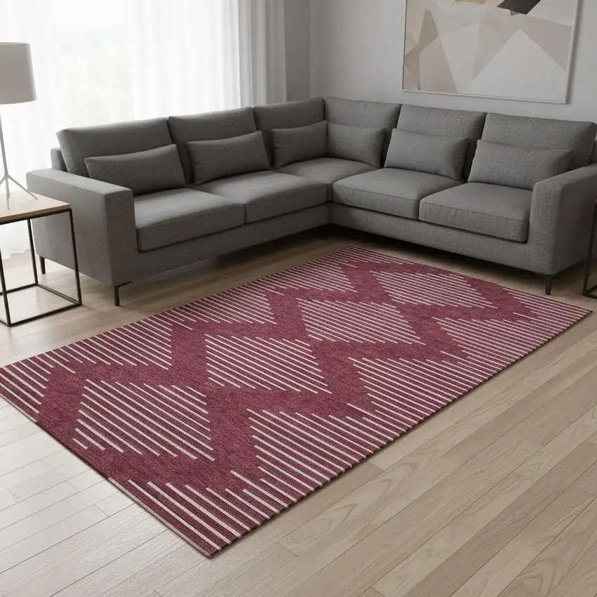 Burgundy And Ivory Geometric Washable Area Rug With UV Protection Photo 2