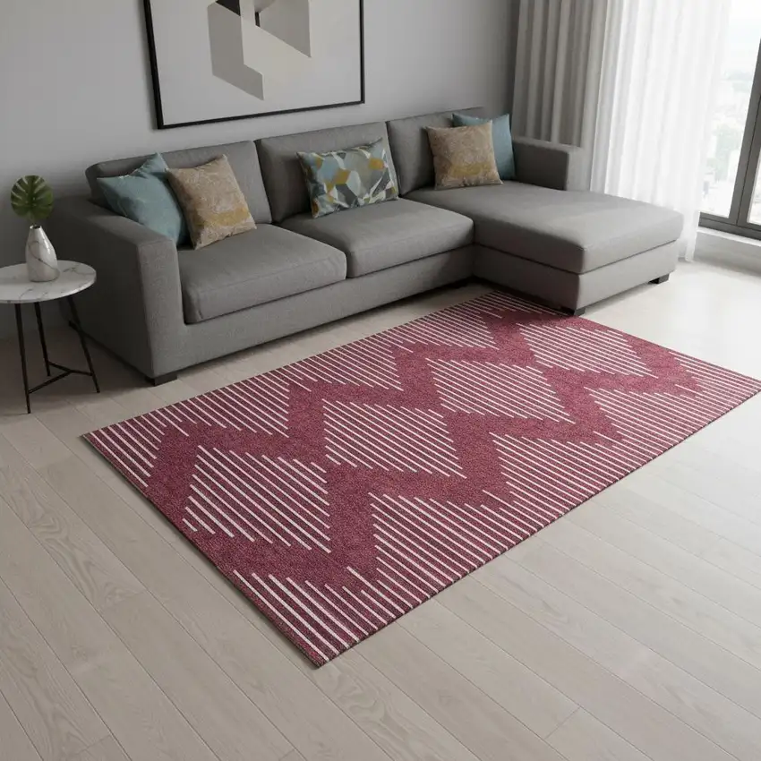 Burgundy And Ivory Geometric Washable Area Rug With UV Protection Photo 2