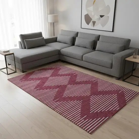 Burgundy And Ivory Geometric Washable Area Rug With UV Protection Photo 2