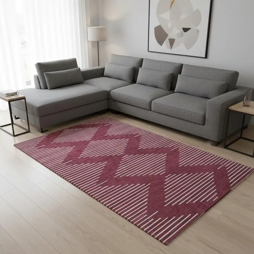 Burgundy And Ivory Geometric Washable Area Rug With UV Protection Photo 2